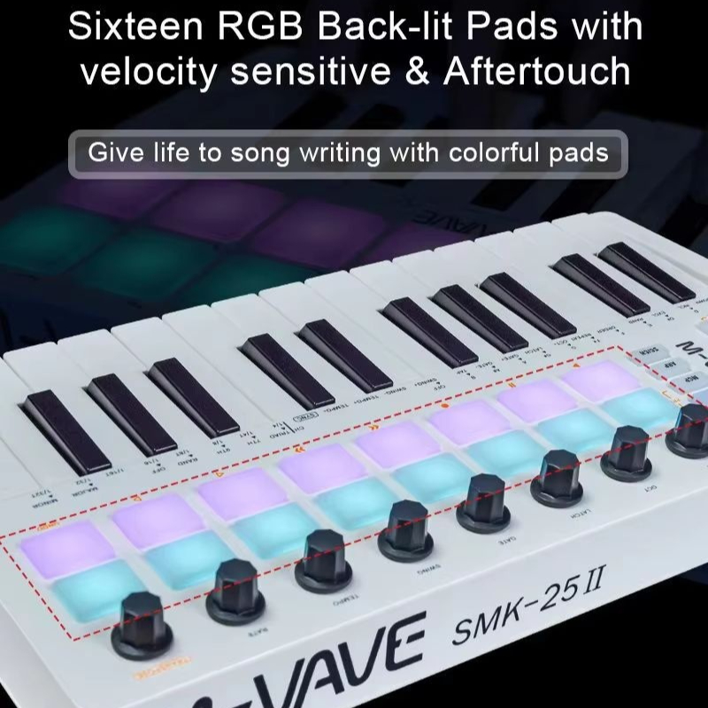 Midi Controller Pad - M-Vave Smk-25 ミディキーボードコントローラー 25キー 8 RGBバックライトドラムパッド