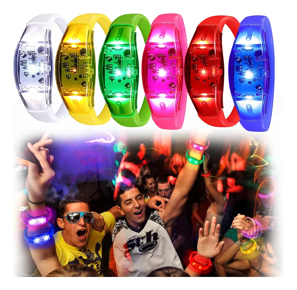 Audio Music Dj - 6個入りLEDブレスレット、音に反応して点滅するLEDストロボ、音楽制御ライトアップブレスレット、レイブゲーム賞品、誕生日パーティー用